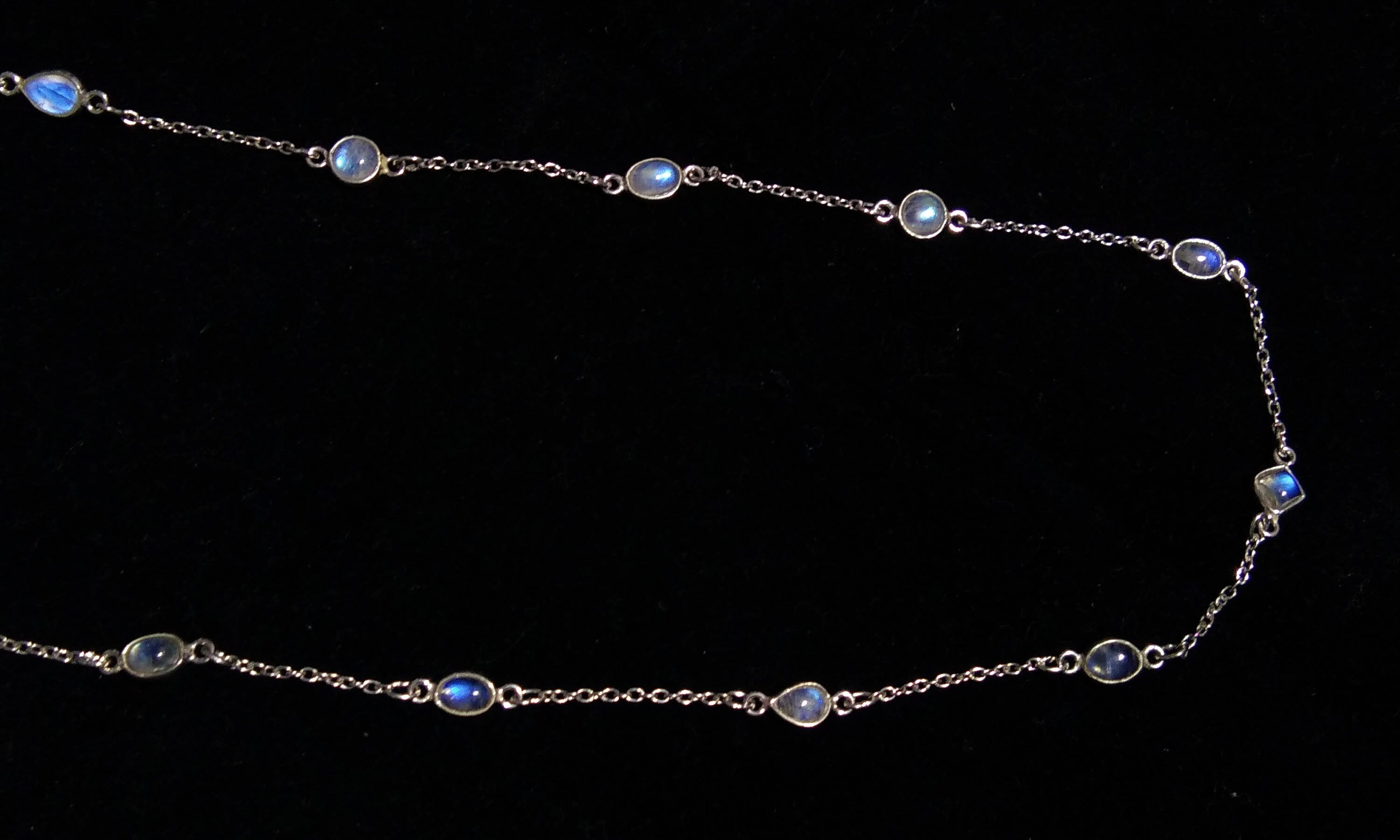 Natural Rainbow Moonstone Blue Fire Stone Chain Necklace, 925 Starling Silver Chain 44''Inches Adjuster Beaded Chain Necklace Jewelry Making